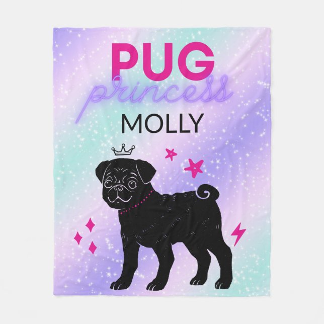 BLACK" PUG PRINCESS" FLEECE BLANKET PERSONALIZED. (Front)