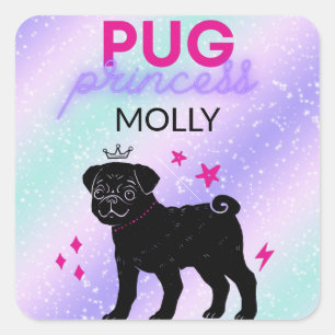 BLACK" PUG PRINCESS" SQUARE STICKER