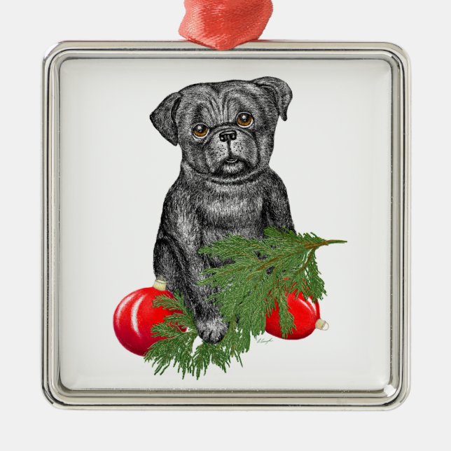 Black Pug Puppy Adorable Christmas Art Metal Tree Decoration (Front)