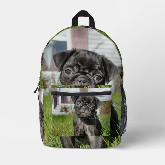 Black pug puppy printed backpack (Front)
