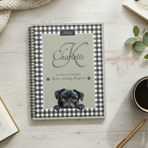 Black Pug Sage Green Gingham Custom Name Monogram Planner