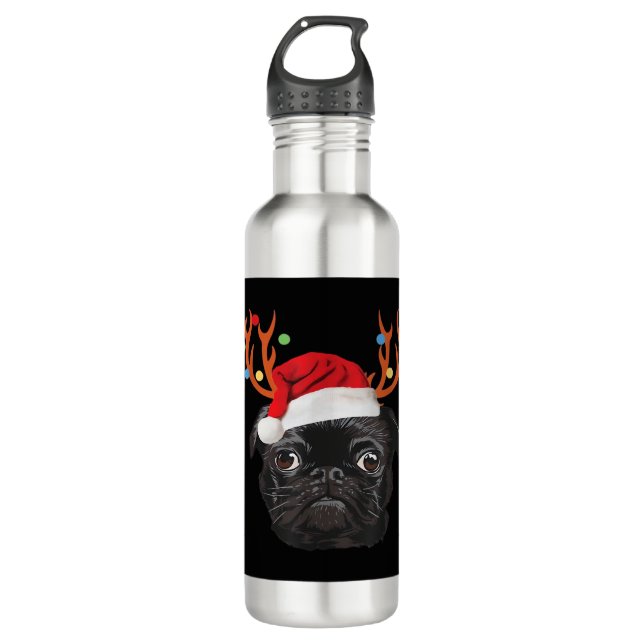 Black Pug Santa Christmas Reindeer Christmas Light 710 Ml Water Bottle (Front)