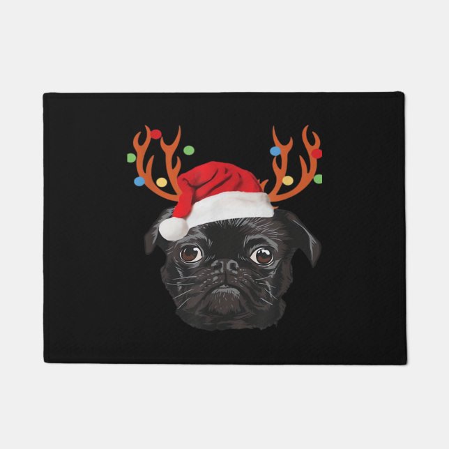 Black Pug Santa Christmas Reindeer Christmas Light Doormat (Front)