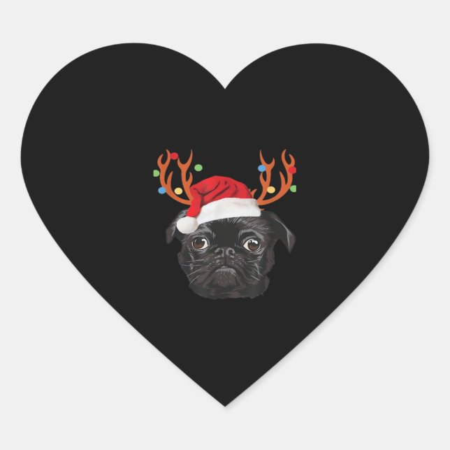 Black Pug Santa Christmas Reindeer Christmas Light Heart Sticker (Front)