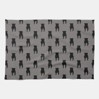 Black Pug Silhouettes on Grey Background Tea Towel