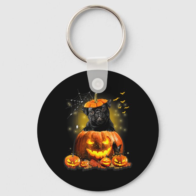 Black Pug Spooky Halloween Pumpkin Dog Head Men Key Ring (Front)