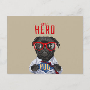 Black Pug Superhero illustration Postcard