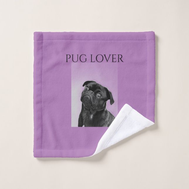 Black pug wash cloth in purple. (Wash Cloth)