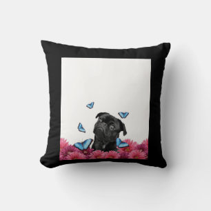Black Pug With Blue Butterflies And Gerberas Cushion