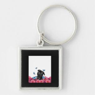 Black Pug With Blue Butterflies And Gerberas Key Ring