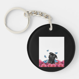 Black Pug With Blue Butterflies And Gerberas Key Ring