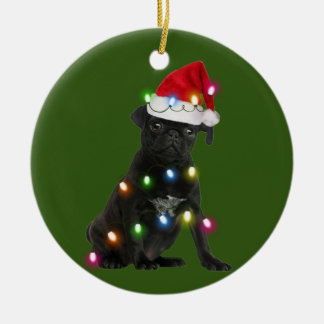 Black Pug With Christmas Scafts Santa Hat Ceramic Tree Decoration