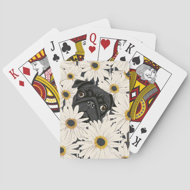 Black Pug with Daisy Flowers Playing Cards (Back)