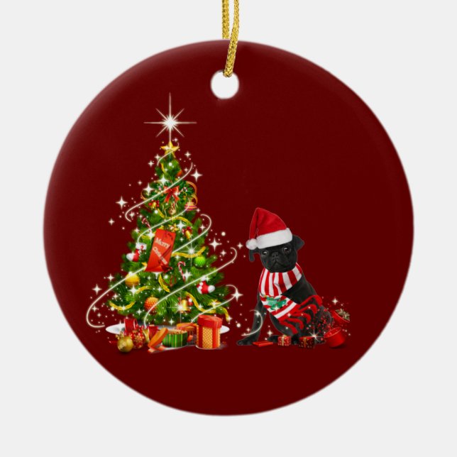 Black pug With Hat Scaft Christmas Ceramic Tree Decoration (Front)