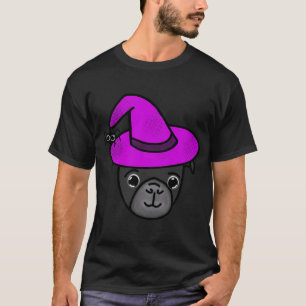 Black Pug with Magenta Witch Hat and Spider Friend T-Shirt