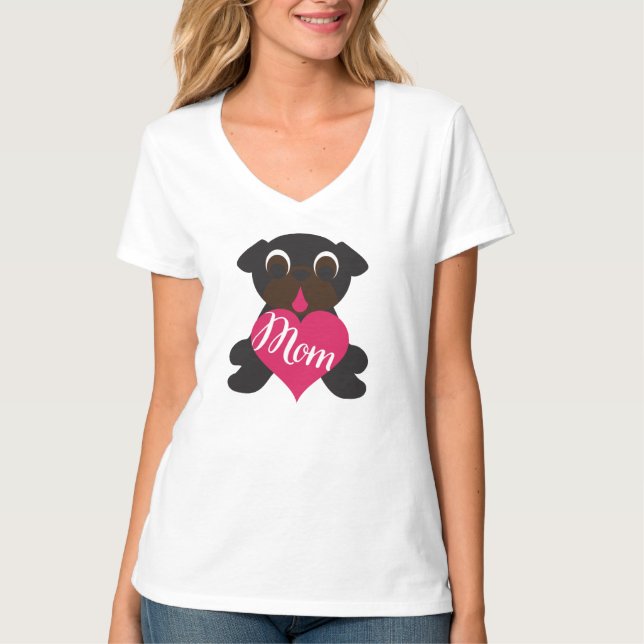 Black Pug With Mum In Heart T-shirt (Front)
