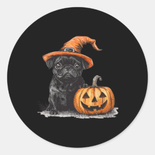Black Pug With Witch Hat And Pumpkin Halloween Pug Classic Round Sticker