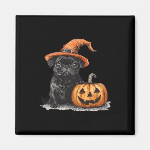 Black Pug With Witch Hat And Pumpkin Halloween Pug Magnet
