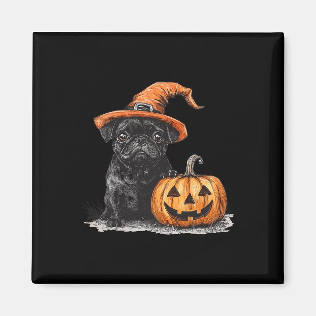 Black Pug With Witch Hat And Pumpkin Halloween Pug Magnet (Front)