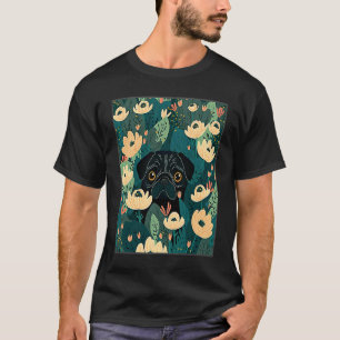 Black Pugs Hiding Flowers Floral Dog Mum Dad T-Shirt