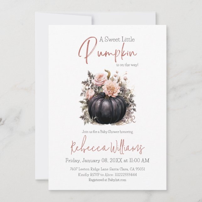 Black Pumpkin Blush Pink Floral Fall Baby Shower Invitation (Front)