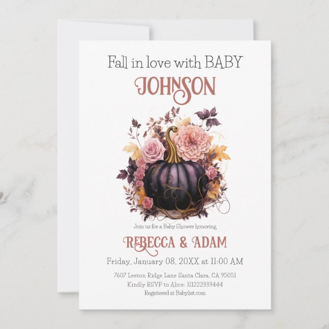 Black Pumpkin Floral Fall in Love with Baby Shower Invitation (Front)