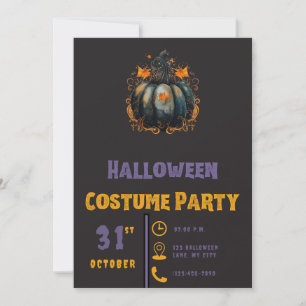 Black Pumpkin Gold Leaves Modern Black Halloween Invitation