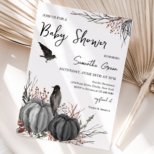 Black Pumpkins and Birds Baby Shower Invitation