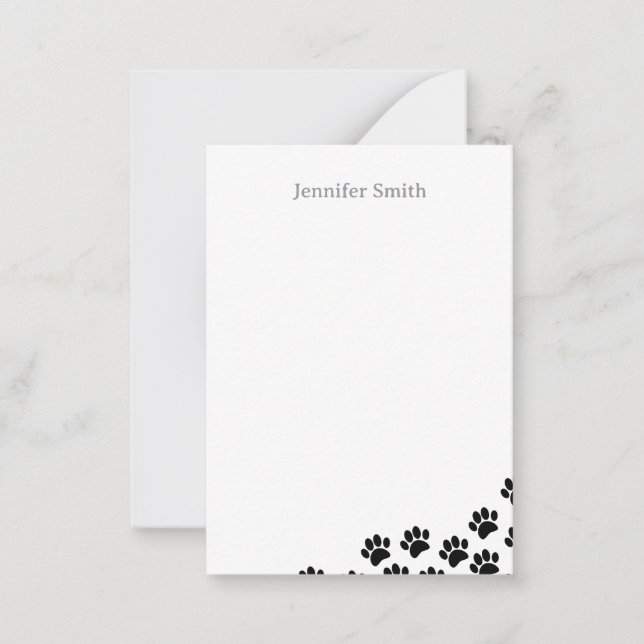 Black Puppy Paw Prints Personalized Stationery Card (Front)