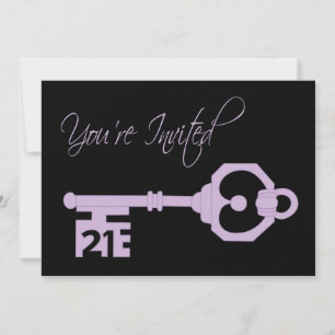 Black & Purple 21st Birthday Party Key Invitation