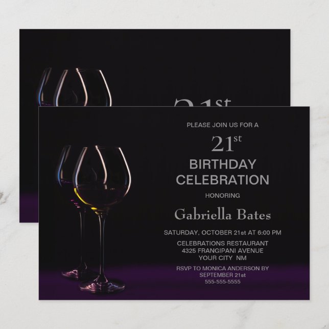 Black Purple 21st Birthday Wine Glass Party Invitation (Front/Back)