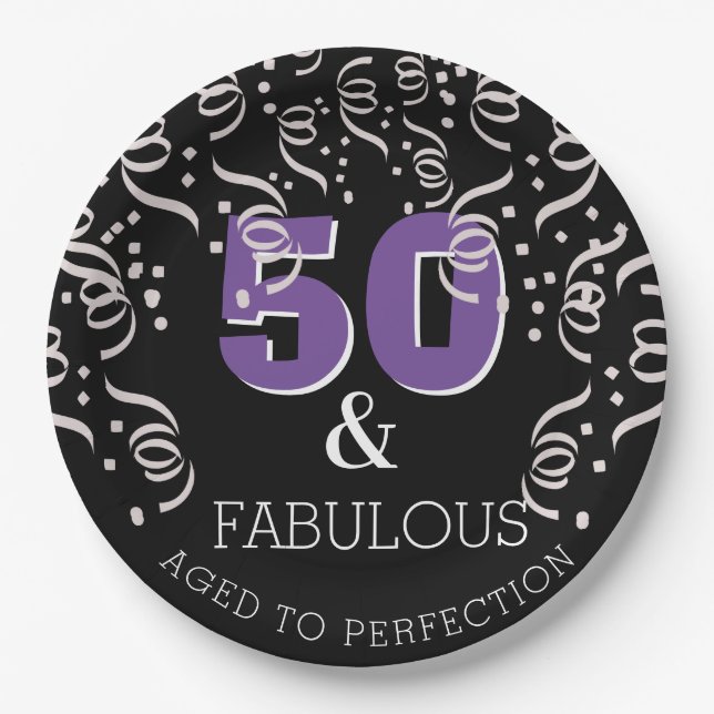 Black Purple 50 Fabulous Happy 50th Birthday Party Paper Plate (Front)
