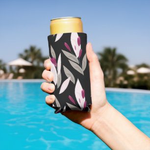 Black purple abstract red retro flower pattern seltzer can cooler