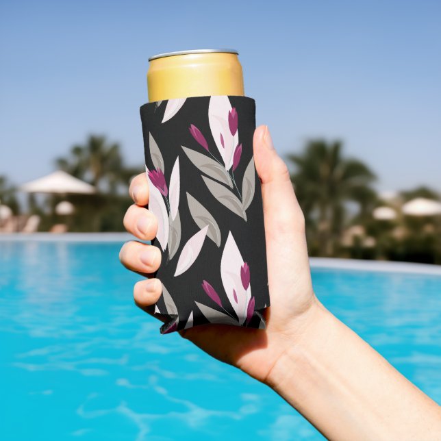 Black purple abstract red retro flower pattern seltzer can cooler (In Situ Pool)