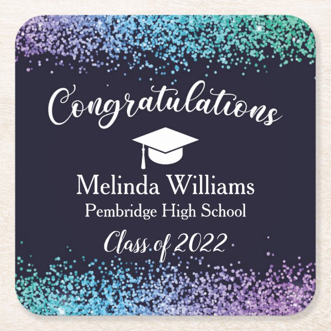 Black Purple and Blue Graduation   Square Paper Coaster (Front)