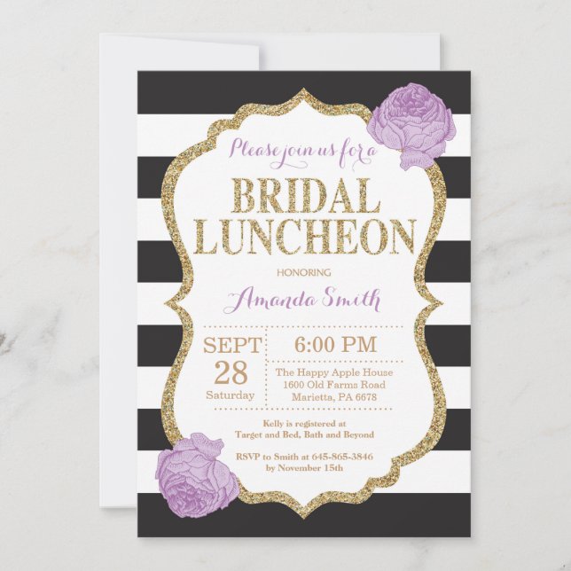 Black Purple and Gold Bridal Luncheon Invitation (Front)
