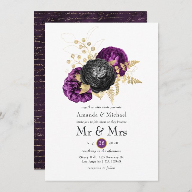 Black Purple and Gold Floral Gothic Wedding Invitation (Front/Back)