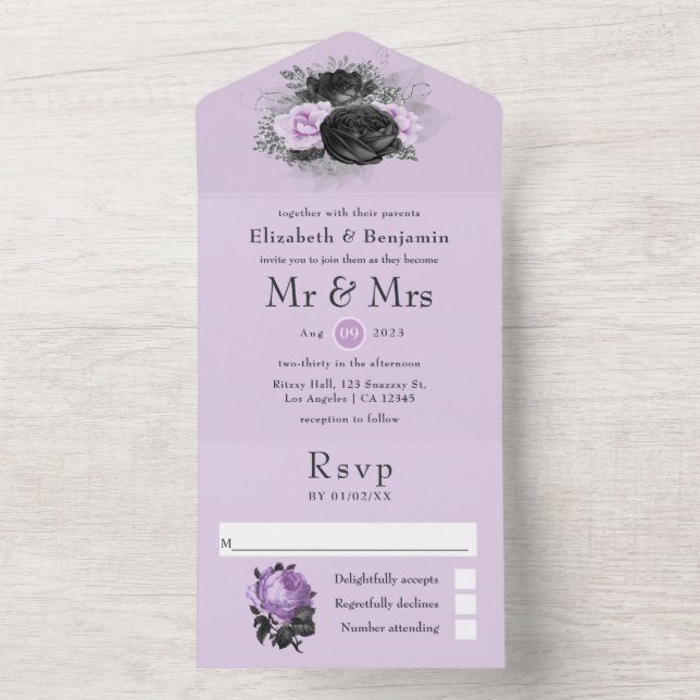 Black Purple and Silver Floral Gothic Wedding All  All In One Invitation (Inside)