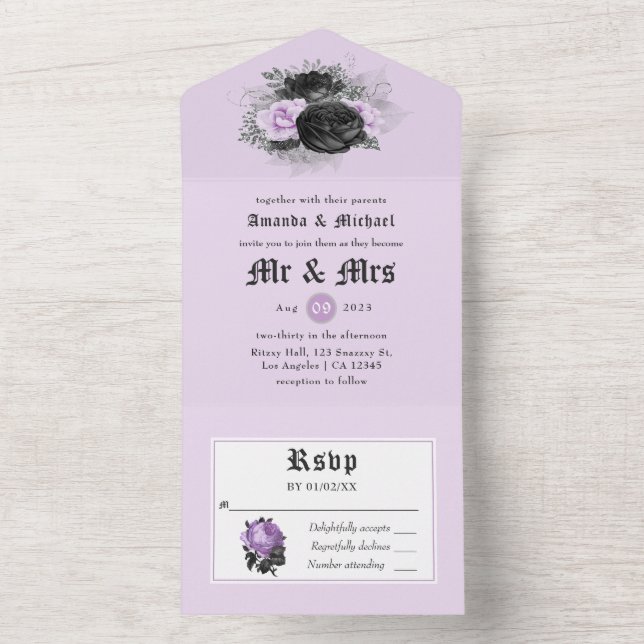 Black Purple and Silver Floral Gothic Wedding All  In One Invitation (Inside)