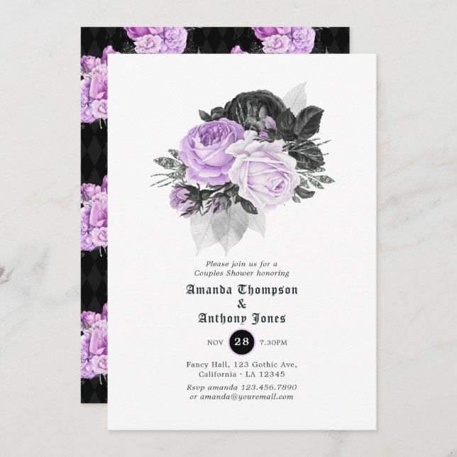 Black, Purple and Silver Gothic Couples Shower Invitation (Front/Back)