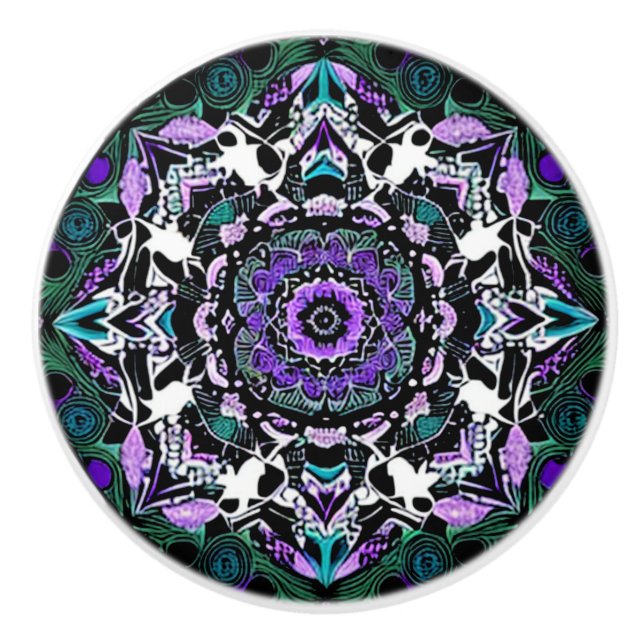 Black, Purple and Teal Mandala Ceramic Knob (Front)