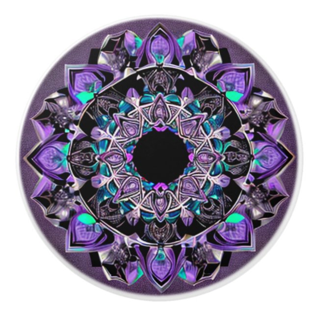 Black, Purple and Teal Mandala Ceramic Knob (Front)