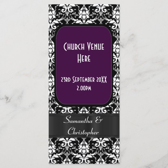 Black, purple and white damask wedding program programme (Front)