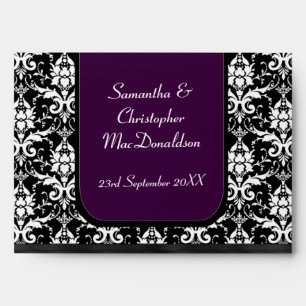 Black, purple and white wedding damask envelopes