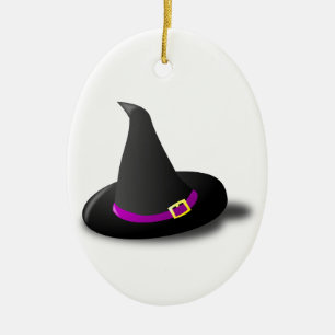 Black, Purple, and Yellow Witch Hat with Bent Tip Ceramic Tree Decoration