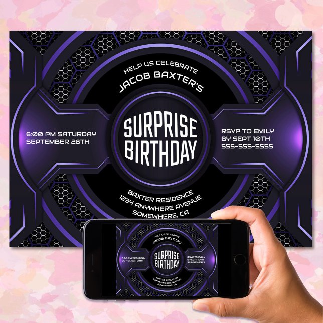 Black Purple Any Age Surprise Birthday Party Invitation (Creator Uploaded)