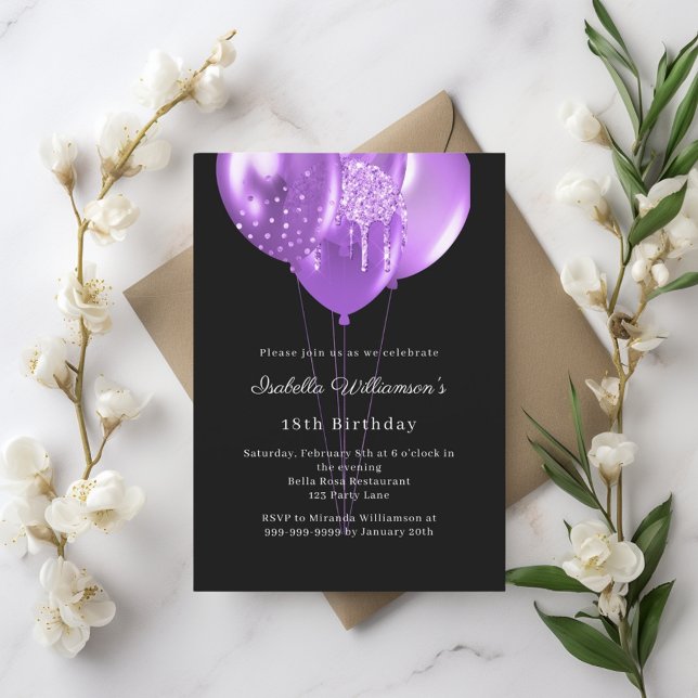 Black purple balloons birthday invitation (Creator Uploaded)