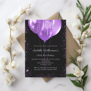 Black purple balloons birthday invitation postcard