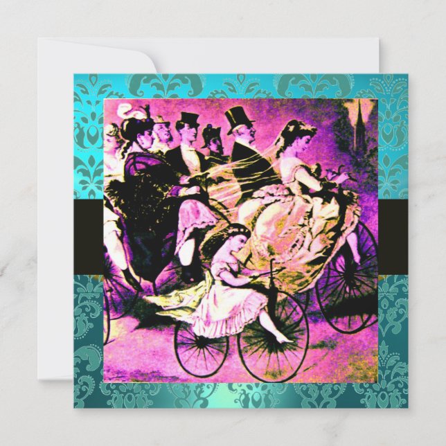 BLACK PURPLE BLUE BICYCLE WEDDING DAMASK MONOGRAM INVITATION (Front)