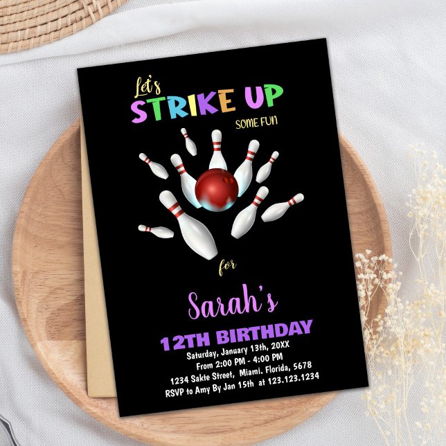 Black Purple Bowling Birthday Invitations (Black Purple Bowling Birthday Invitations)